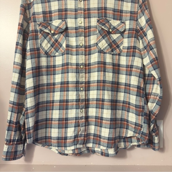 Lucky Brand Pearl Snap Flannel Shirt Plaid Blue Cream Mens Size XL - Picture 3 of 9